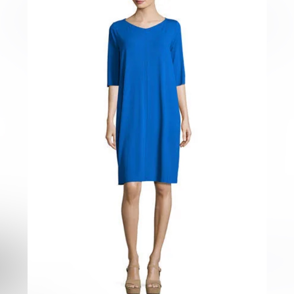 New Eileen Fisher V-Neck Jersey Shift Dress In Catalina Blue Dress Size L